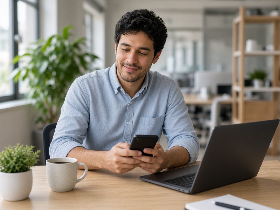 Colaborador fazendo uma pausa tranquila com o celular na mesa do escritório