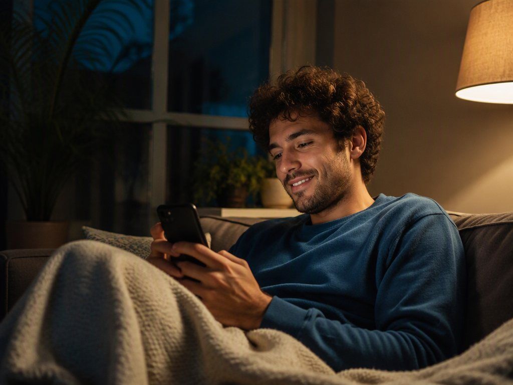 Pessoa relaxada no sofá conversando pelo celular, em um ambiente iluminado e calmo